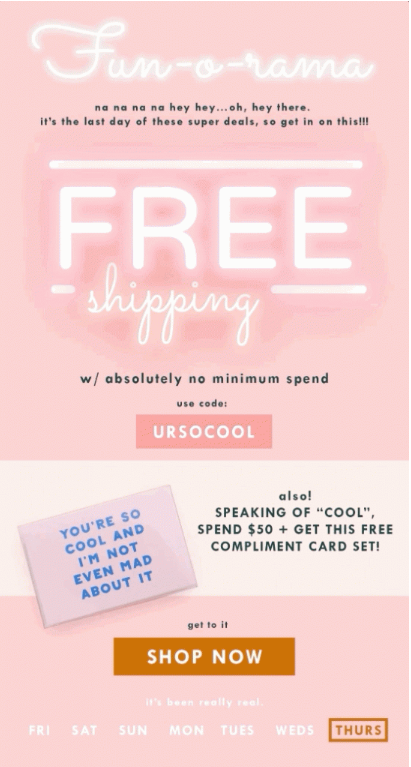 Email offering free shipping with no minimum spend