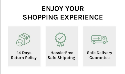 Shopping policies block: 14 day returns, safe shipping, delivery guarantee