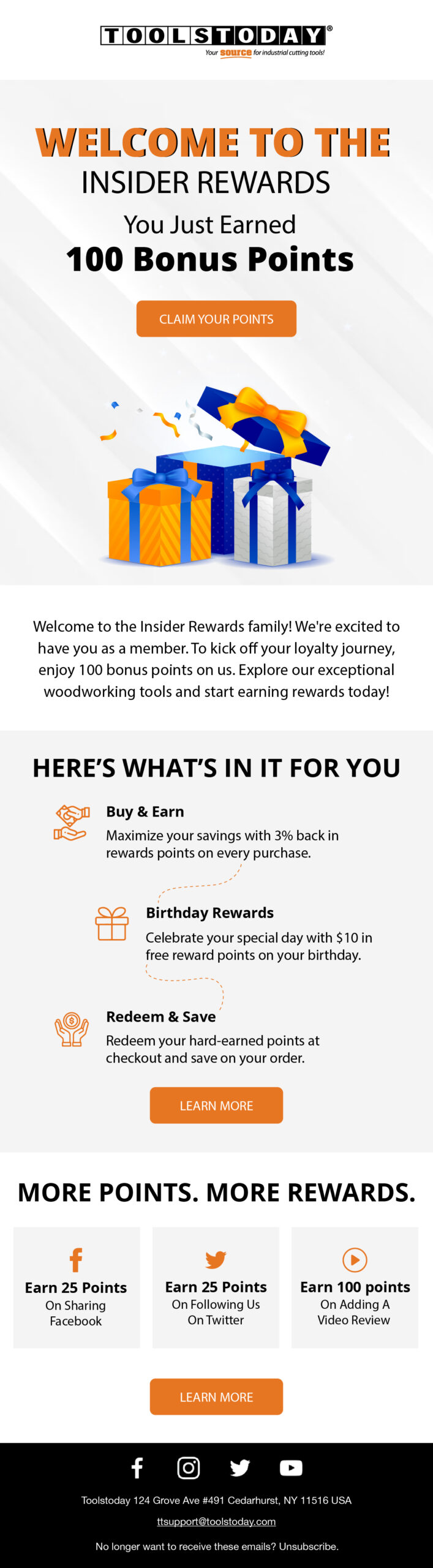 Tools Today welcome email for loyalty program with 100 bonus points