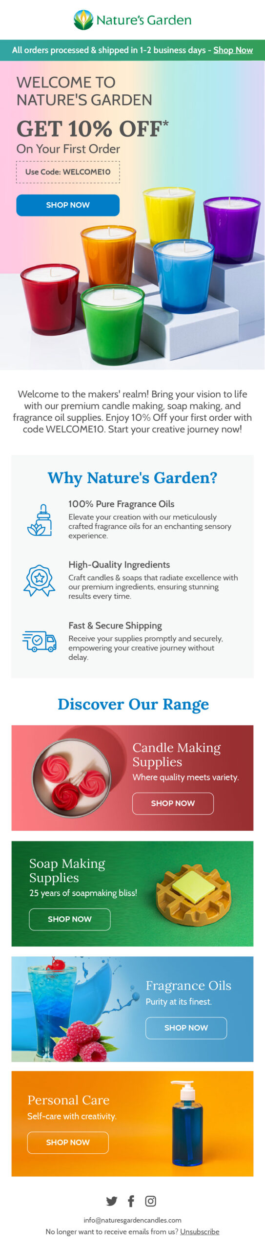 Natures Garden welcome email 1 offering 10% off