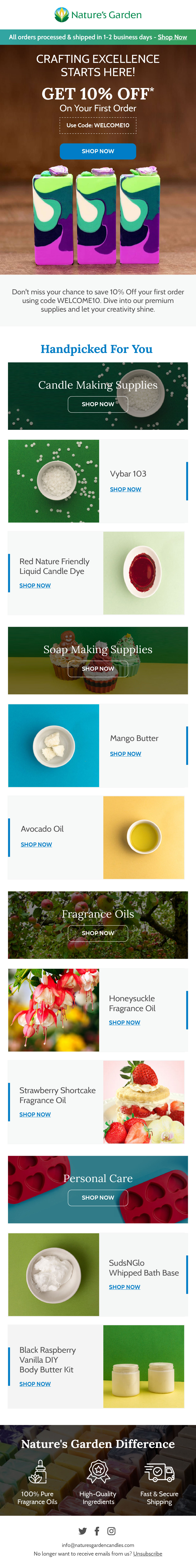 Nature's Garden welcome email 2 with 10% off and product picks