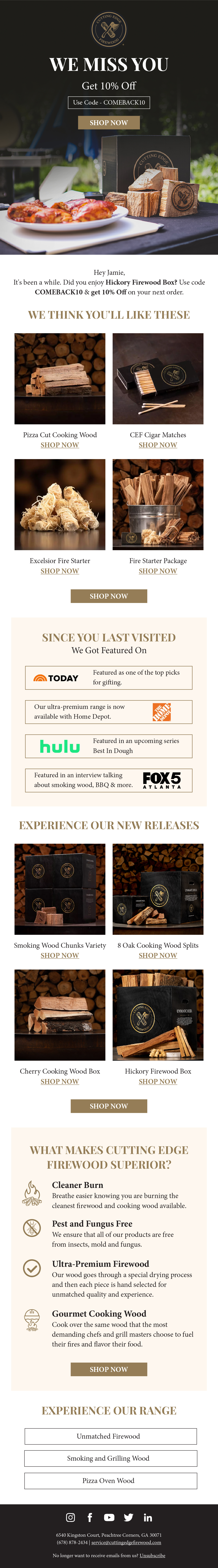 We miss you winback email with product picks