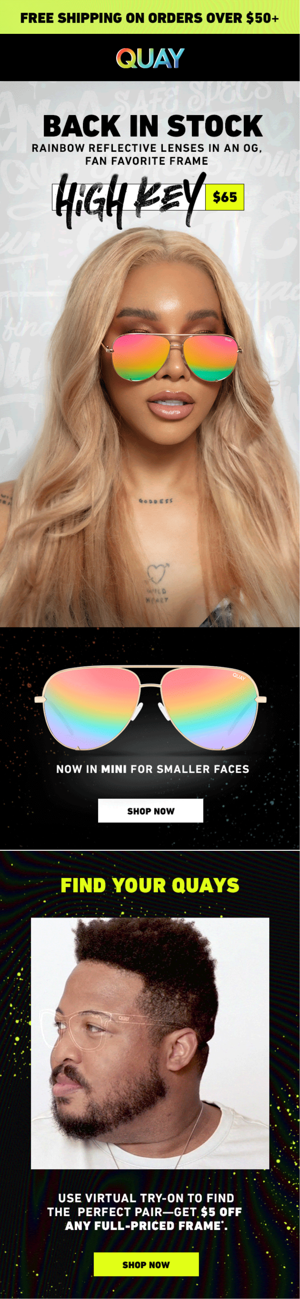 Quay back in stock email for High Key sunglasses with free shipping offer