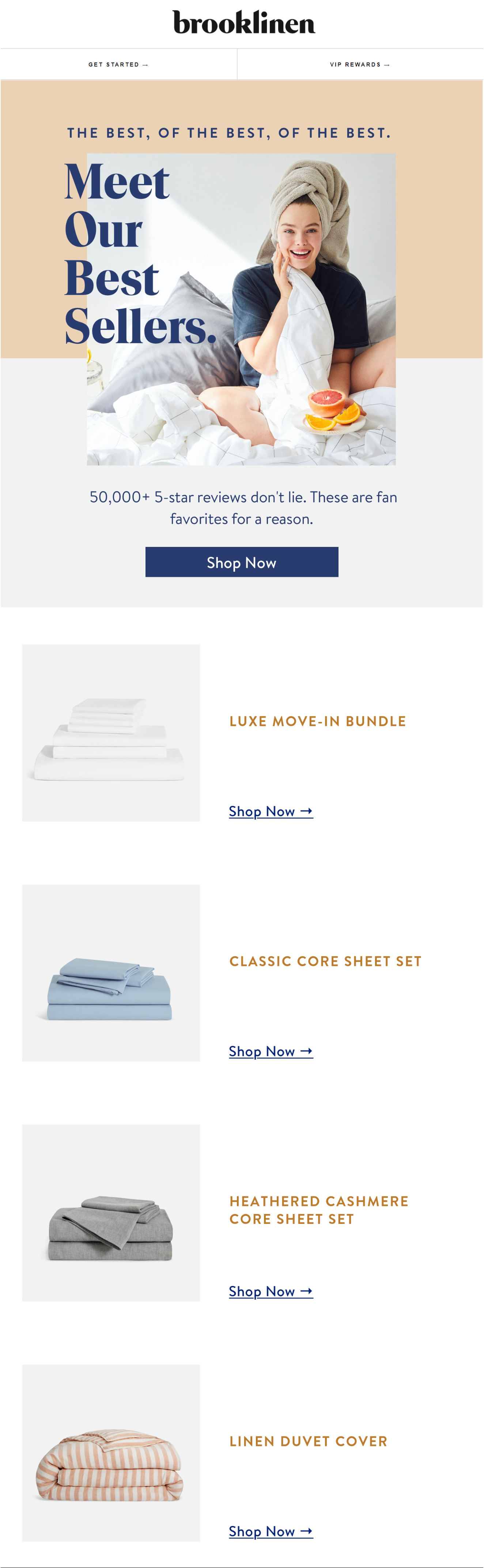 Brooklinen Meet Our Best Sellers email listing bedding products