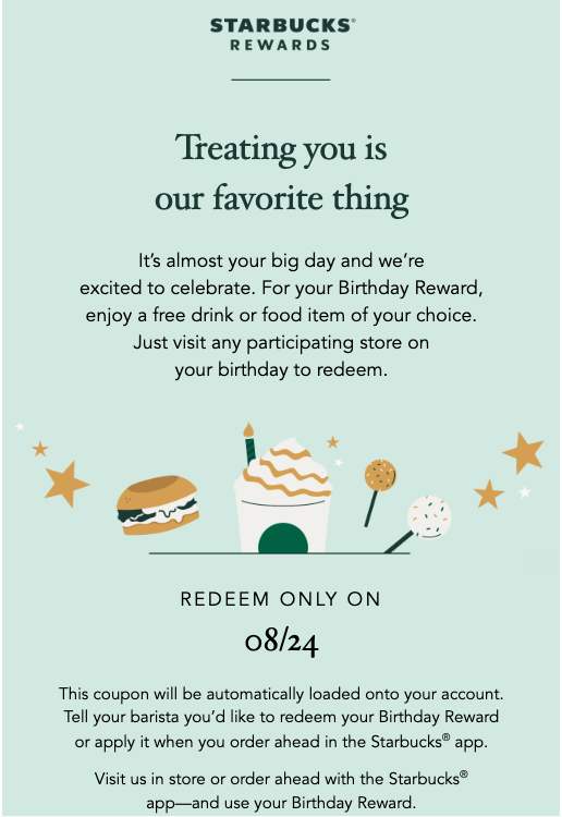 Starbucks Rewards birthday email with mostly text