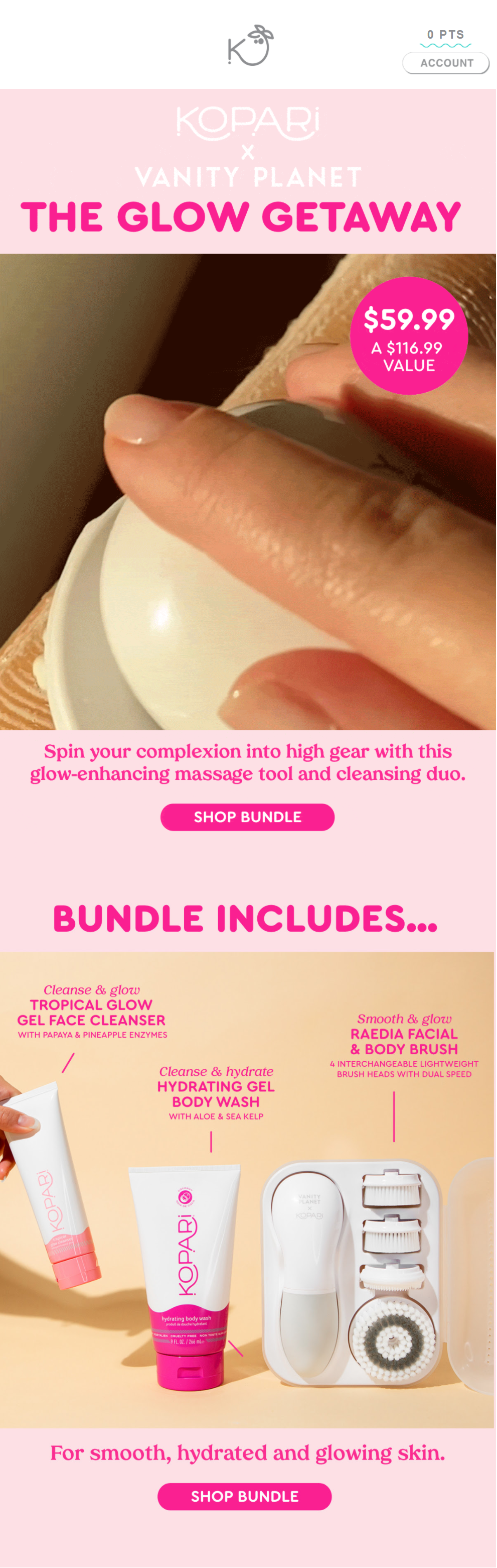 The Glow Getaway beauty bundle email with a $59.99 price and bundle contents