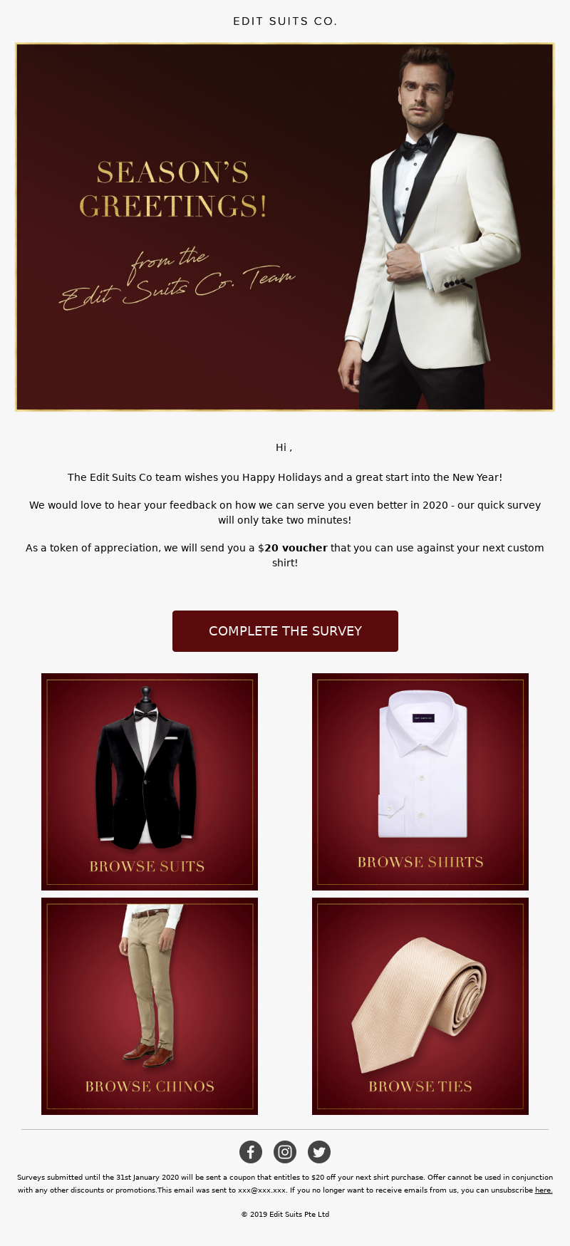 Menswear season's greetings email asking customers to complete a survey