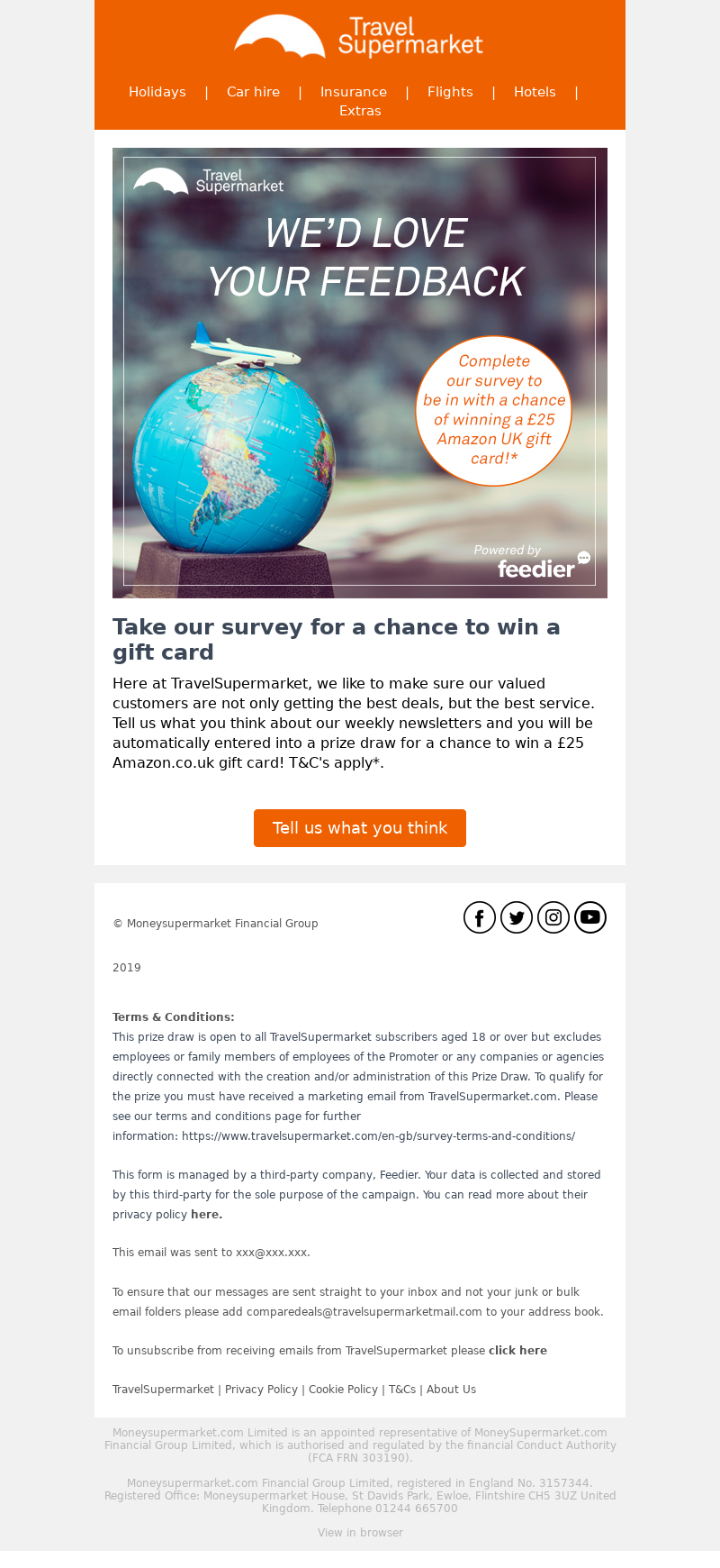 Travel Supermarket feedback survey email with a gift card prize