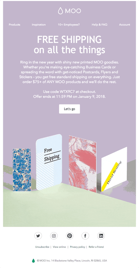 MOO email offering free shipping on all orders