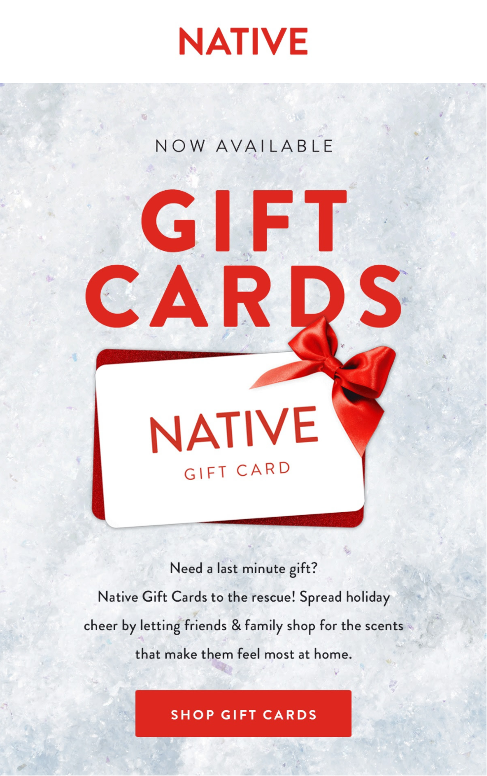 Native gift card email saying now available, with red bow gift card image
