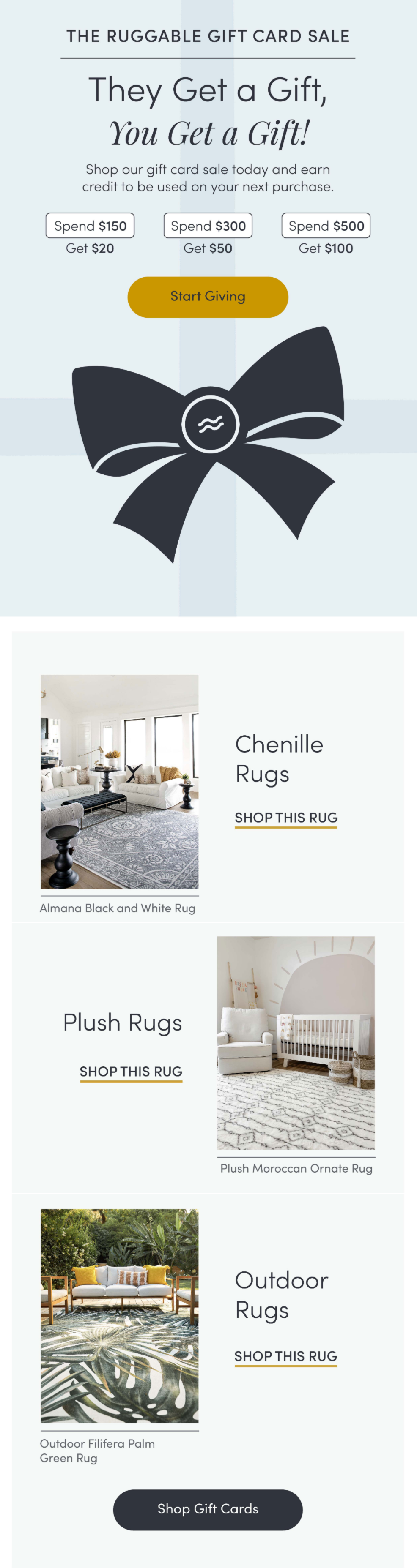 Gift card sale email with a bow image and rug product picks