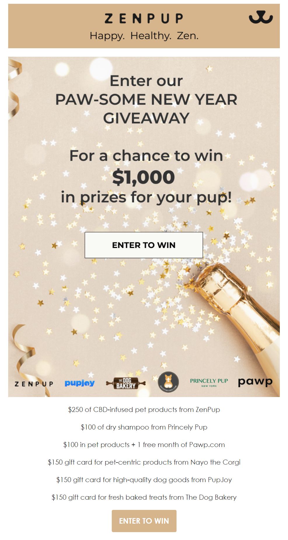 ZenPup New Year giveaway email offering a chance to win $1,000 in prizes