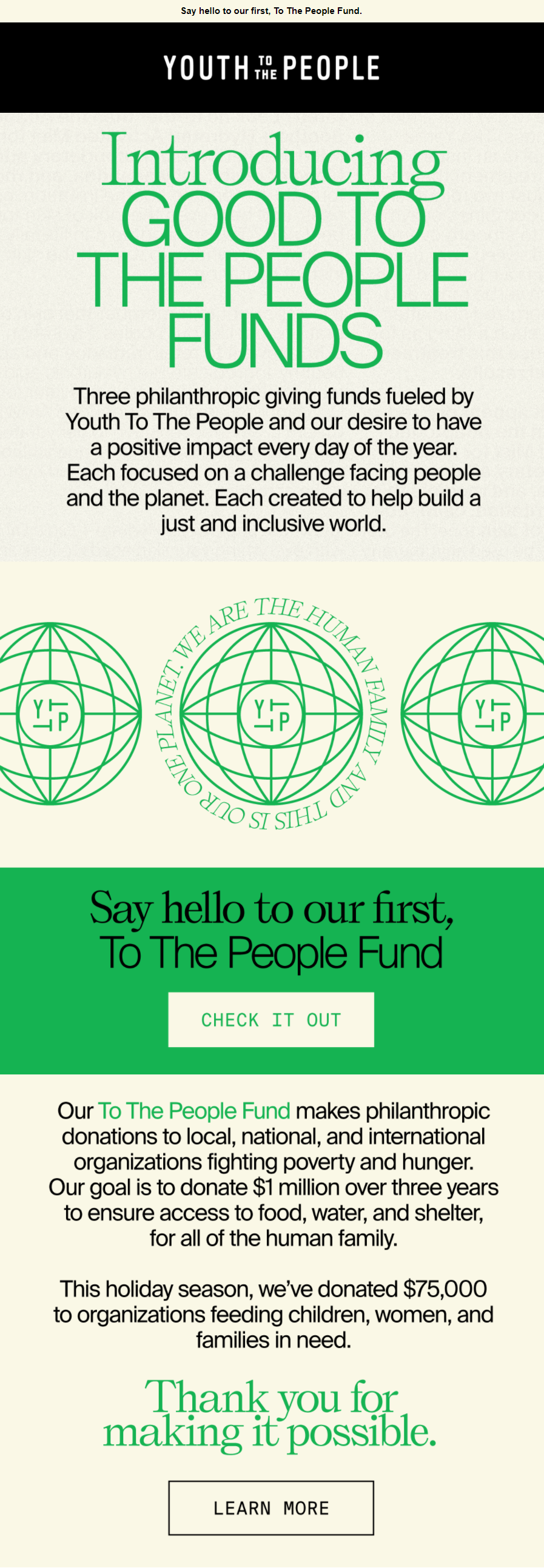 Youth To The People email introducing the Good To The People Fund philanthropic giving
