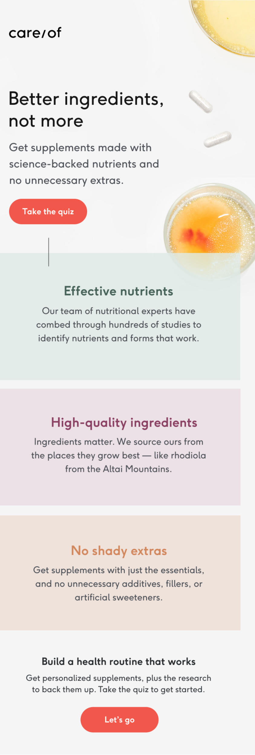 Care/of ingredients email saying better ingredients, not more, with quiz button