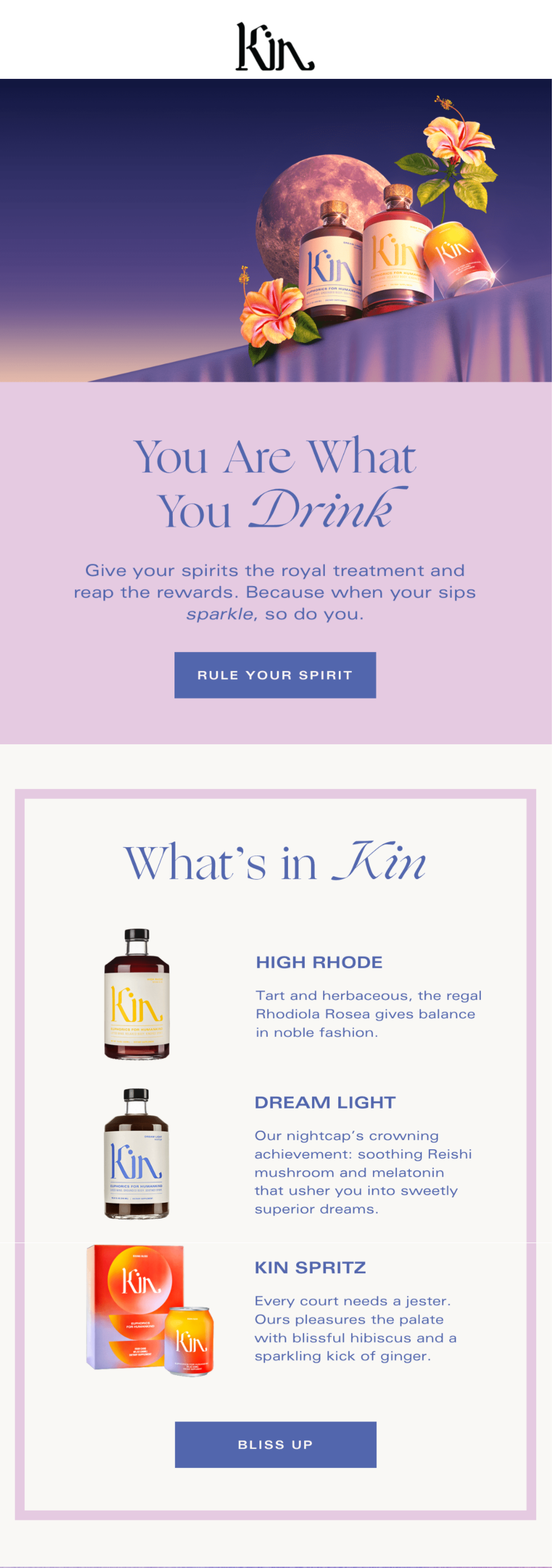 Kin Euphorics ingredients email showing bottles and what is in each drink