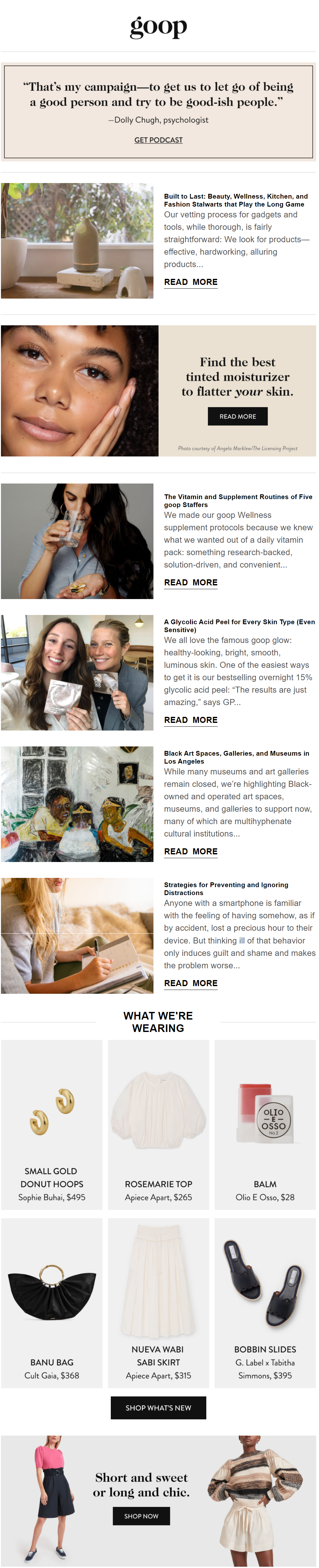 Goop newsletter email with articles and product picks