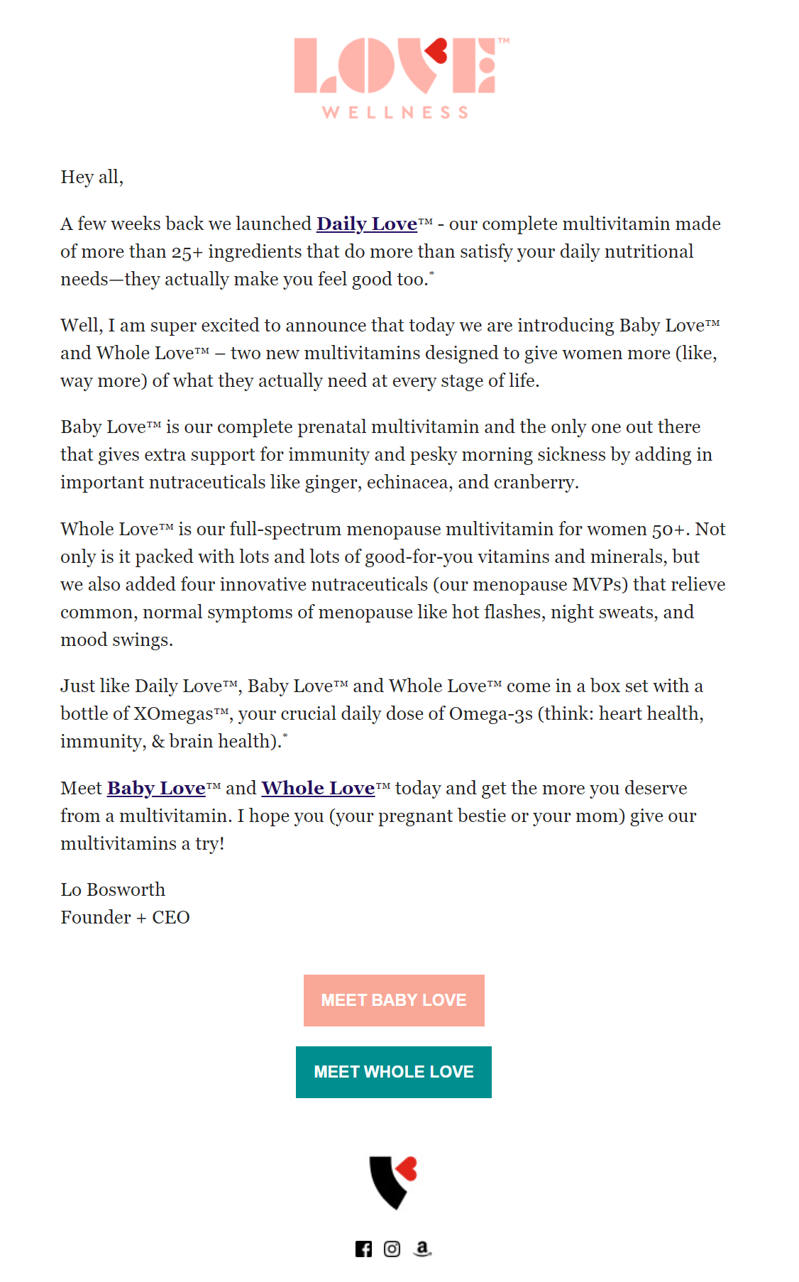 Love Wellness plain text email announcing Baby Love and Whole Love multivitamins