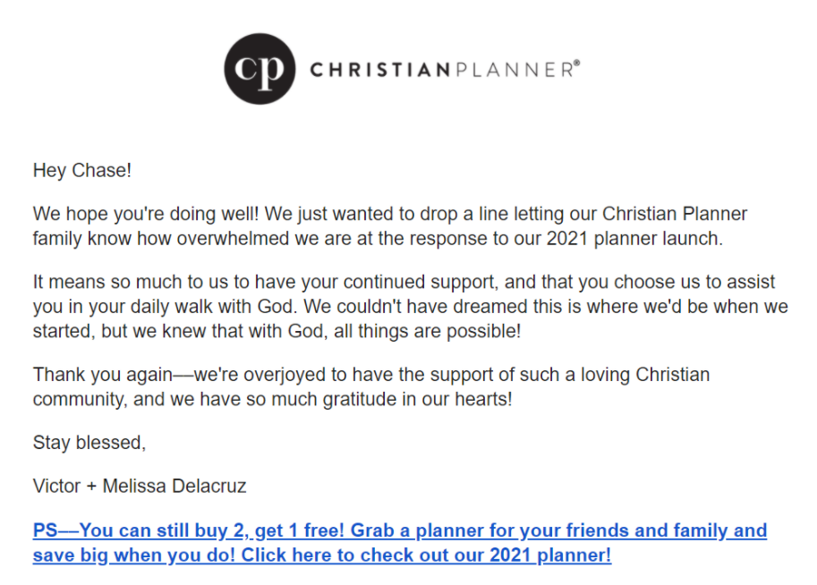 Christian Planner plain text thank you email with buy 2 get 1 free in the PS