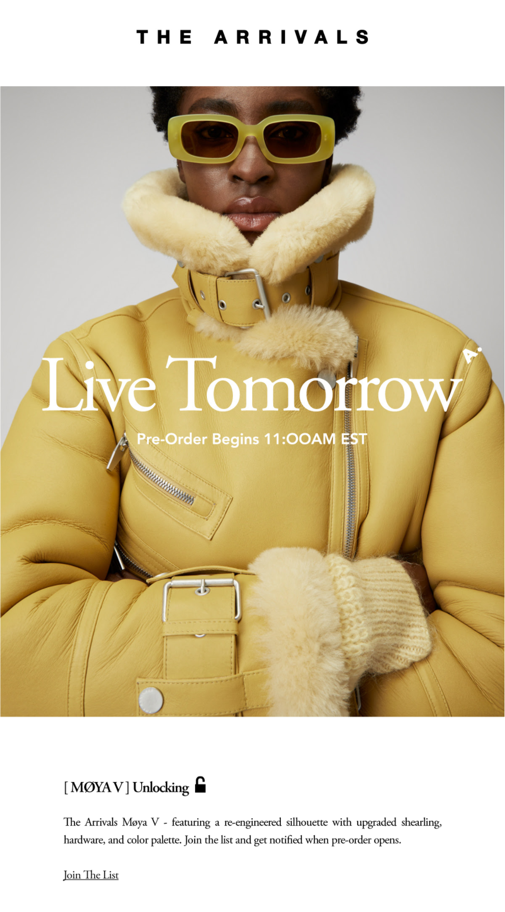 The Arrivals pre-order email announcing a new coat live tomorrow at 11 AM