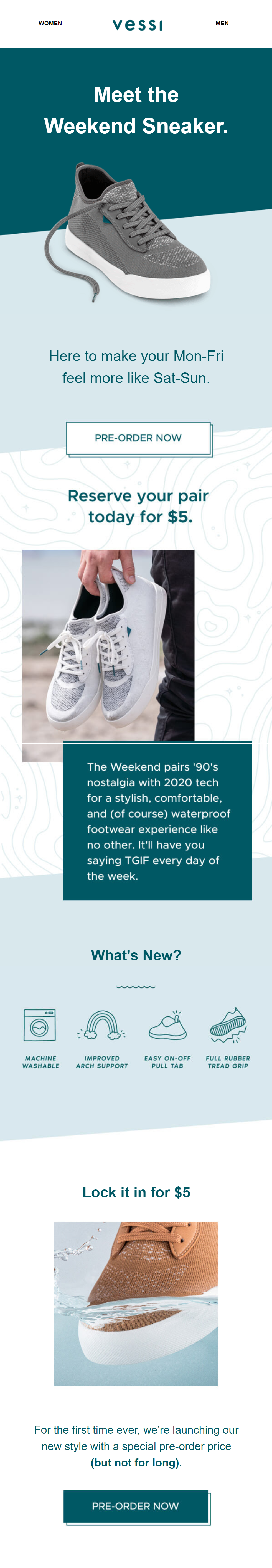 Pre-order email for a weekend sneaker with reserve now offer and product details