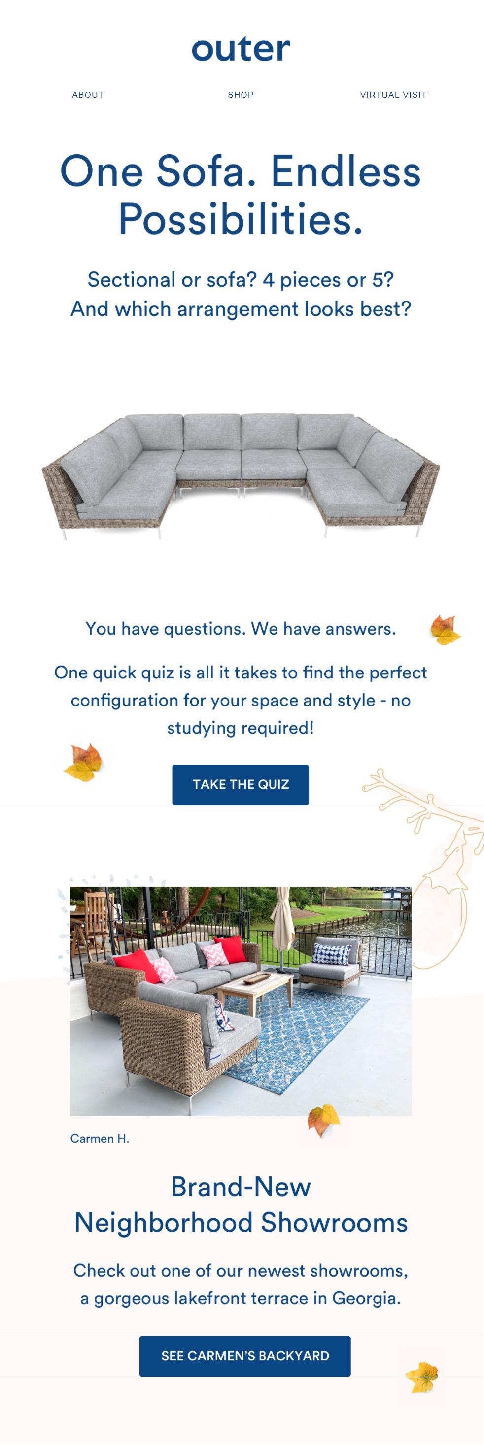 Outer sofa quiz email asking which arrangement looks best, with take the quiz button