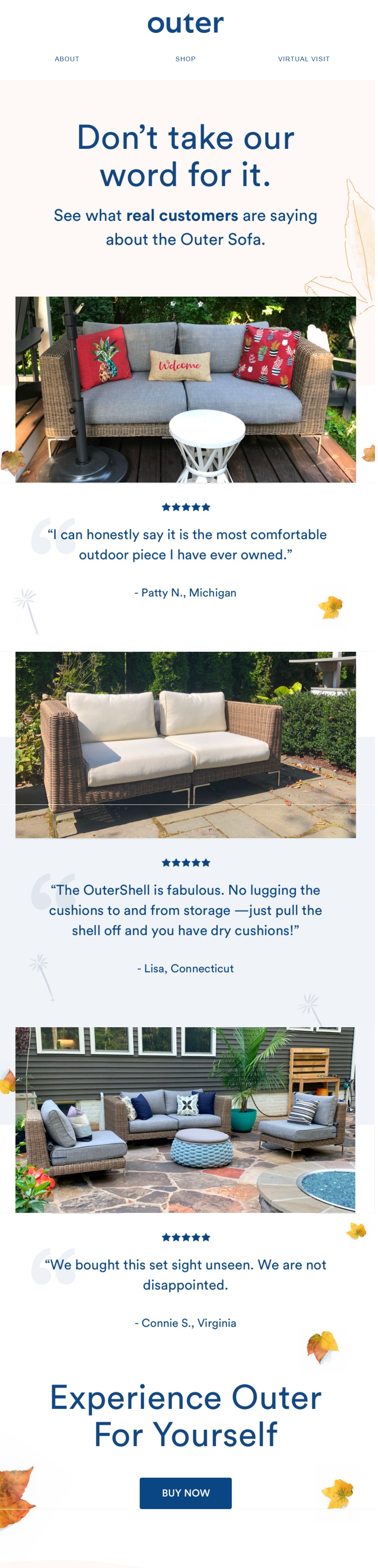 Outer social proof email saying Dont take our word for it, with outdoor furniture reviews