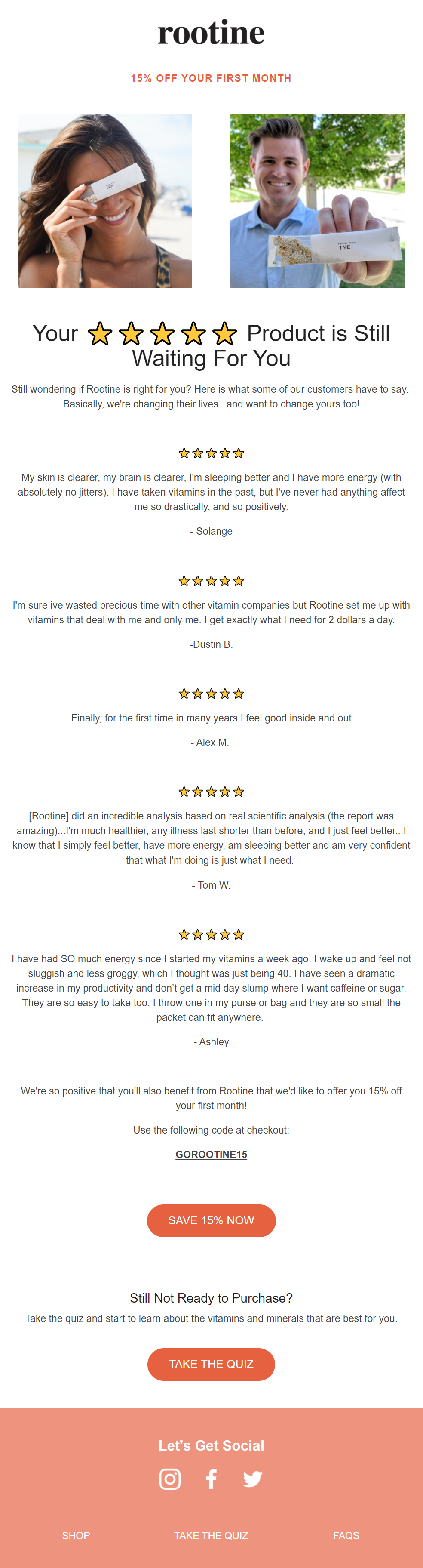 Rootine email with five-star customer reviews saying your product is still waiting for you
