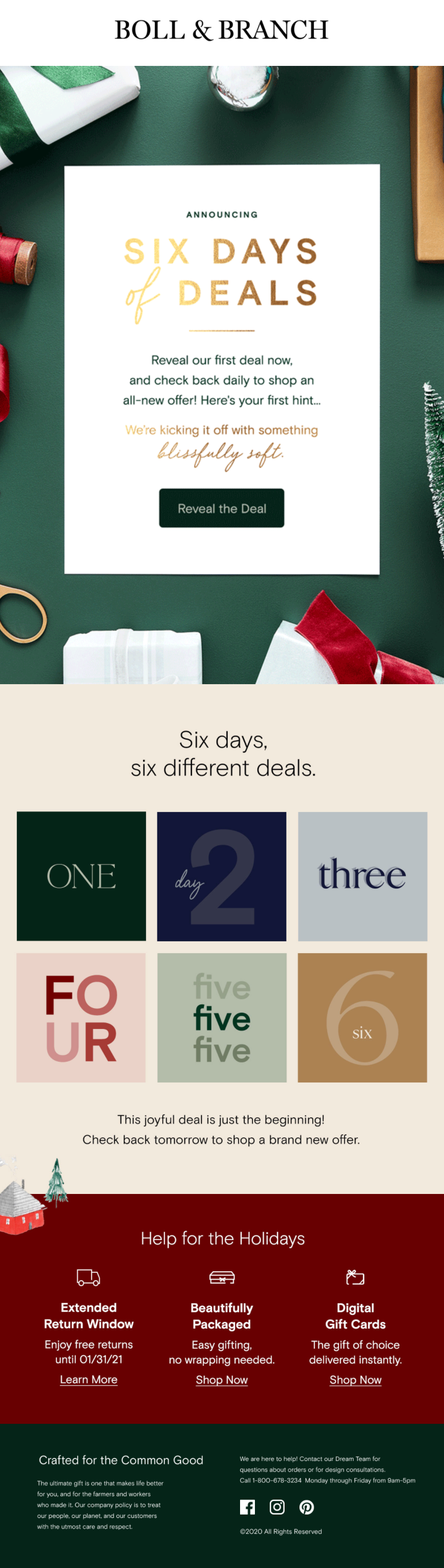 Boll and Branch six days of deals email revealing a new offer each day
