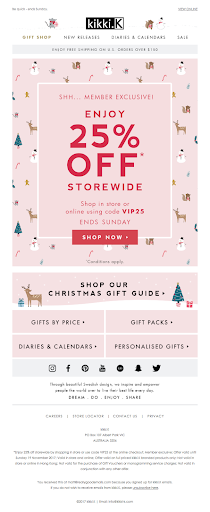 Kiki K Christmas email offering 25% off storewide with a gift guide below