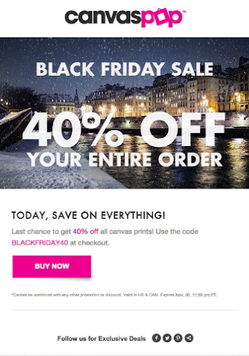 CanvasPop Black Friday email offering 40% off the entire order with a promo code