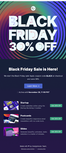 Black Friday email offering 30% off with a code and product category links