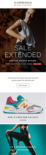 Carbon38 sale extended email with athletic wear and sneaker blocks