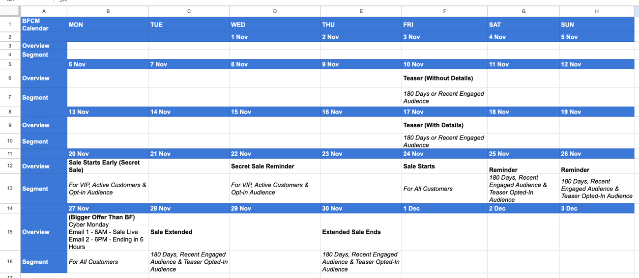 Spreadsheet calendar planning a Black Friday and Cyber Monday email schedule with segments