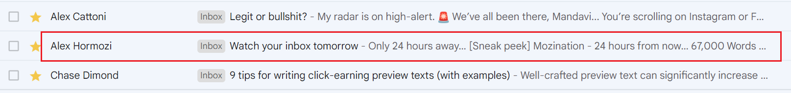 Gmail inbox with Alex Hormozi subject line saying watch your inbox tomorrow