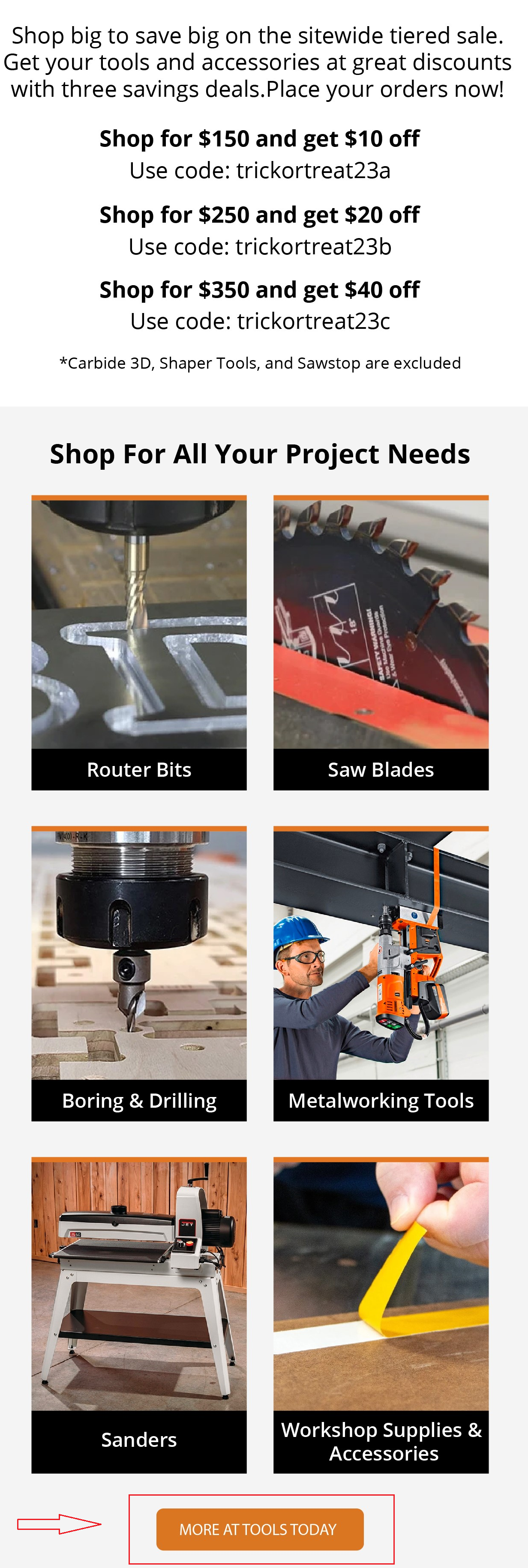 Tools Today email footer with a primary shop call to action and product categories