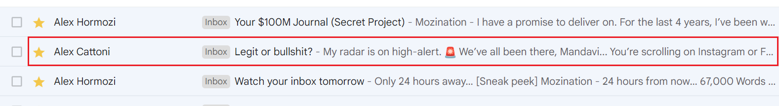 Gmail inbox with Alex Cattoni question subject line Legit or bullshit, highlighted in red