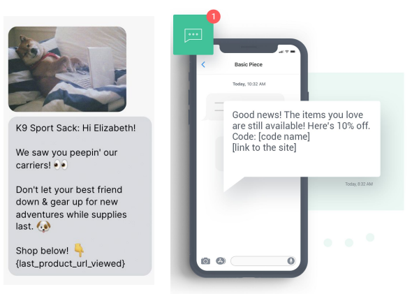 SMS browse abandonment examples from K9 Sport Sack offering 10% off