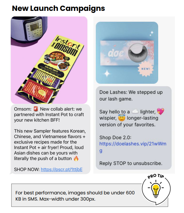 New launch SMS examples from Omsom and Doe Lashes with product images