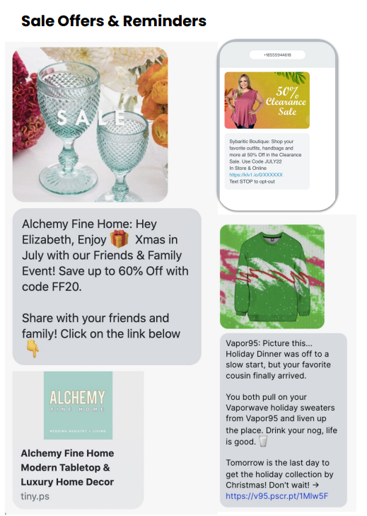 Sale offer and reminder SMS examples from Alchemy Fine Home and Vapor95