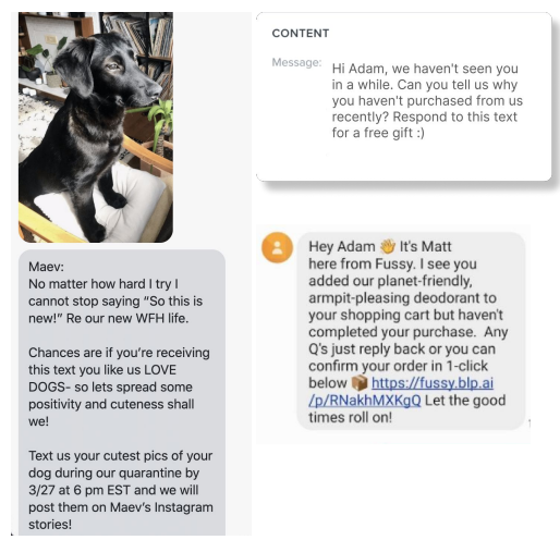 Two-way SMS examples from Maev and Fussy asking customers to reply