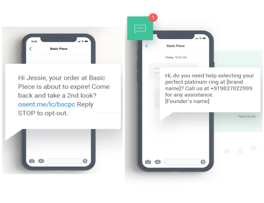 SMS cart abandonment text examples from Basic Piece on phone screens