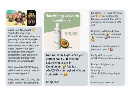 SMS post-purchase text examples from Alpha Lion, NaturAll Club and bioClarity
