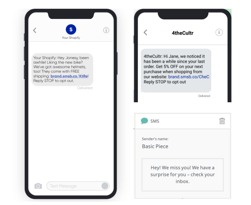 Winback SMS examples on phone screens offering 5% off the next purchase