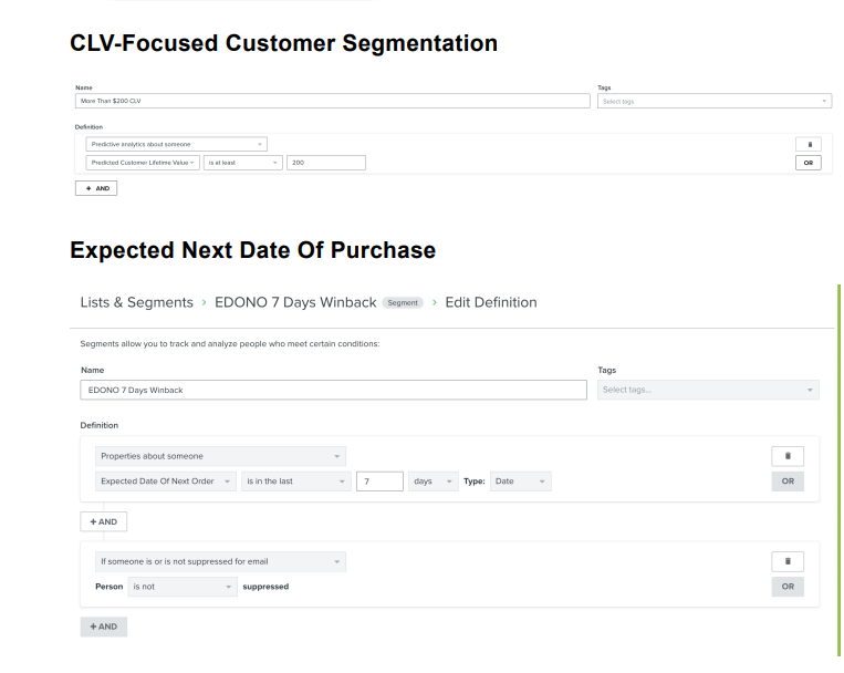 Klaviyo segment settings for CLV and expected next order date