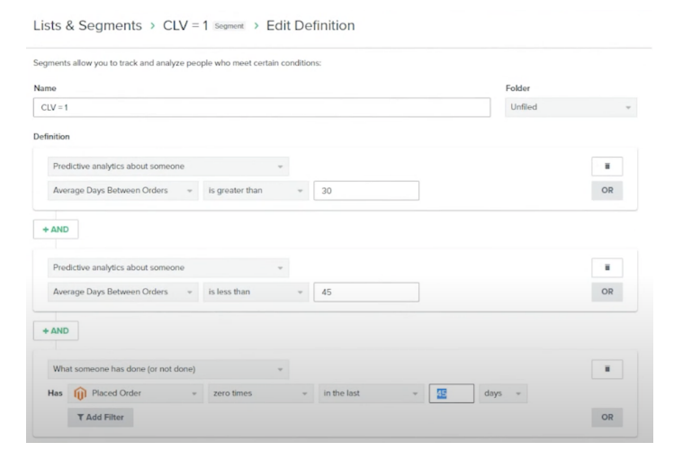 Klaviyo CLV=1 segment built on average days between orders