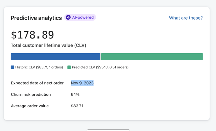 Klaviyo predictive analytics: $178.89 CLV, 64% churn risk, next order date