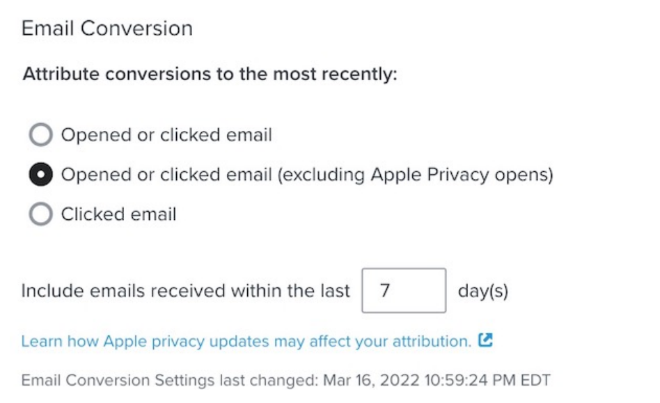 Klaviyo email conversion setting crediting opens or clicks within 7 days