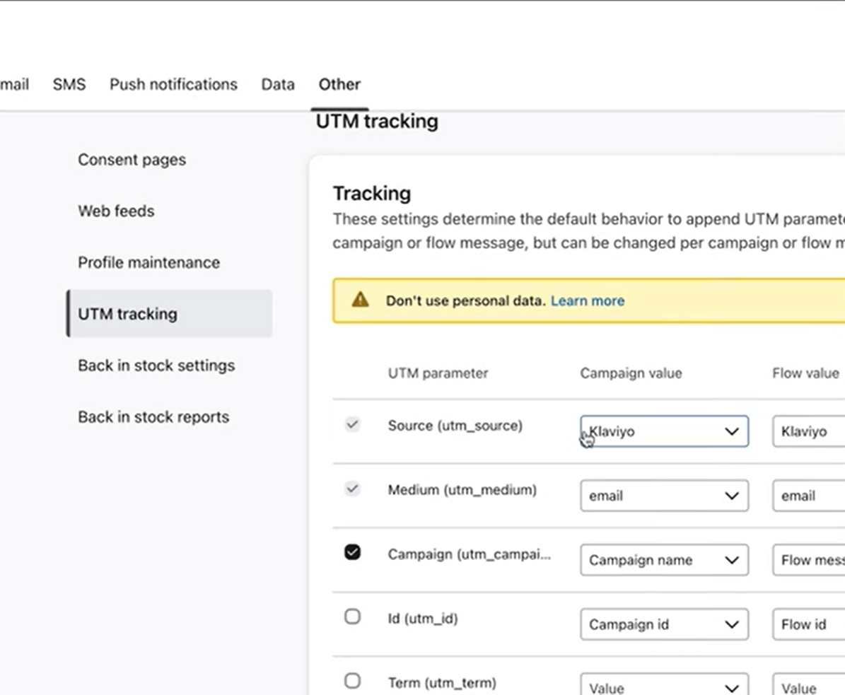 Klaviyo UTM tracking settings with source klaviyo and medium email