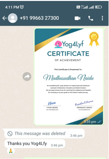 WhatsApp chat showing a Yog4Lyf achievement certificate sent to a community member
