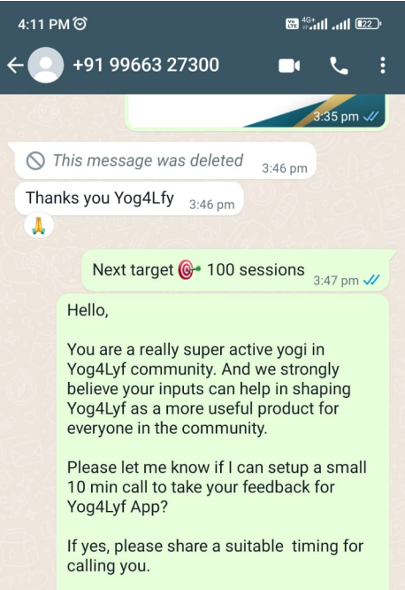 WhatsApp message from Yog4Lyf asking an active member for a feedback call